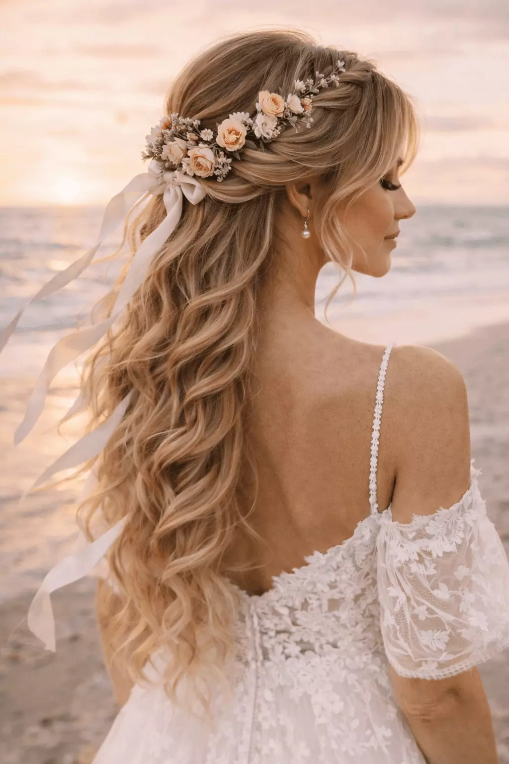 Alt Prompt: Bride with long undone mermaid waves, silk ribbon crown with fresh blooms, beach sunset lighting, natural breeze