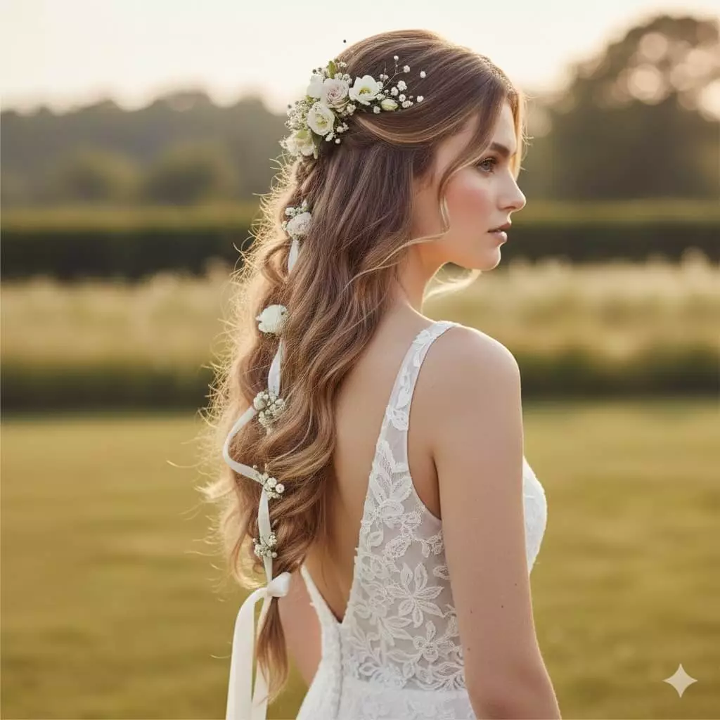 long hair braided wedding hair — soft braided crown detail, ribbon-tied length, airy waves for countryside ceremony
