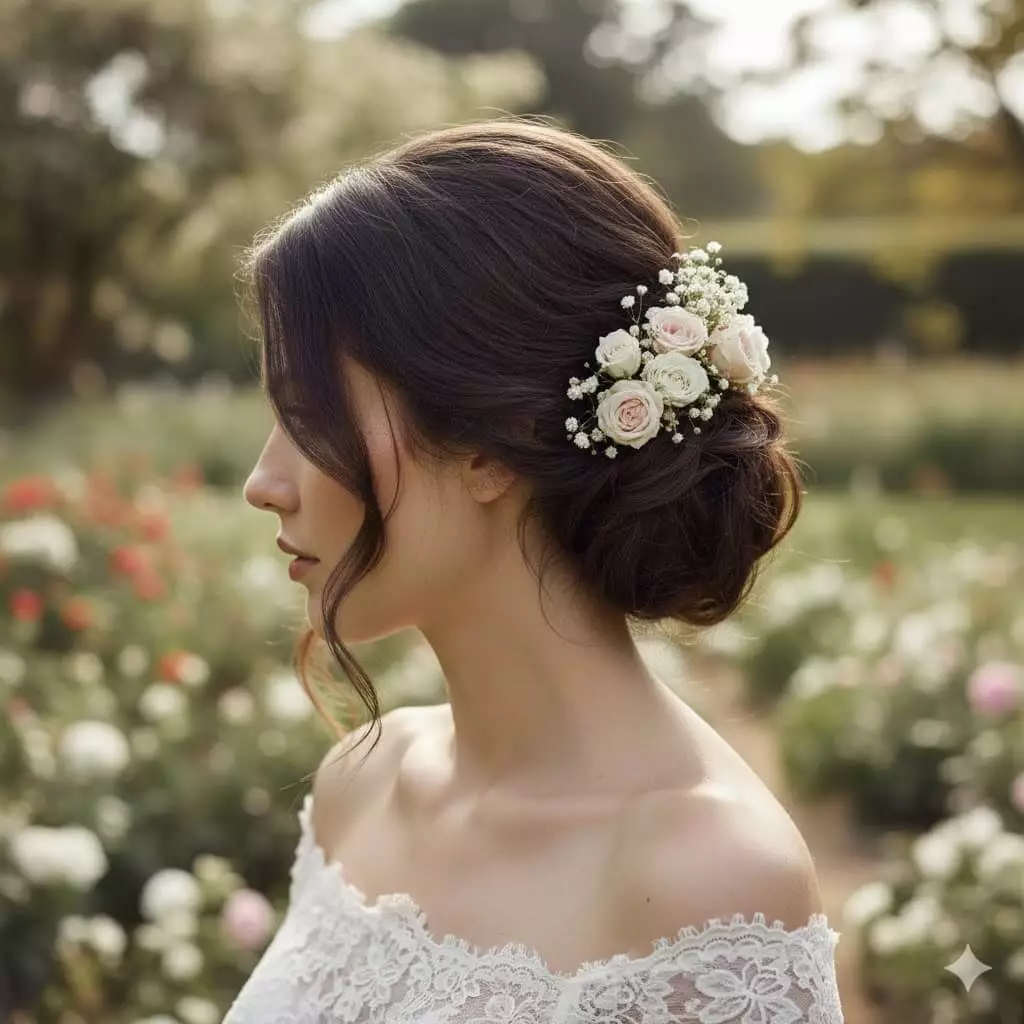 Alt: Garden wedding bride with soft textured low bun long hair 2026, romantic tendrils, floral accents, outdoor rustic venue, vertical crop