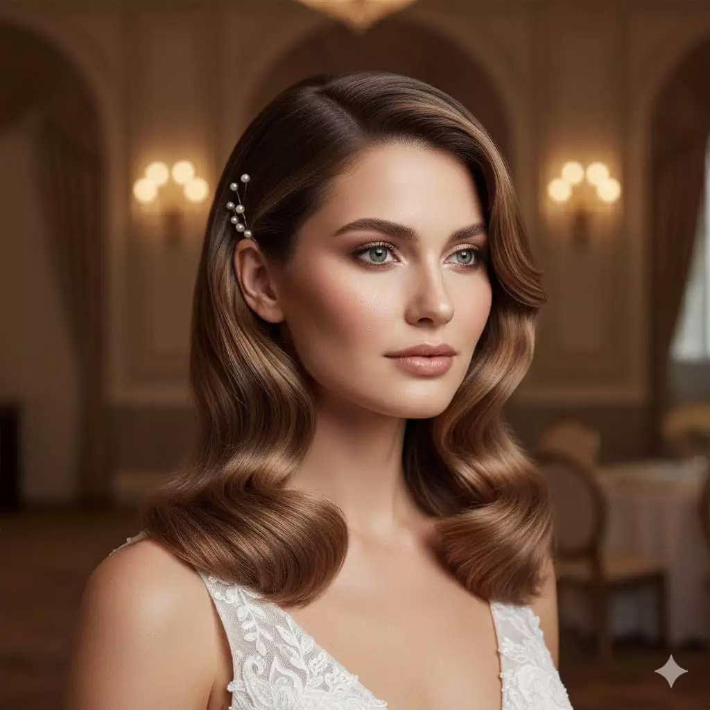 Bride with elegant glossy long hair, soft structured waves, subtle pearl accessories, indoor elegant wedding