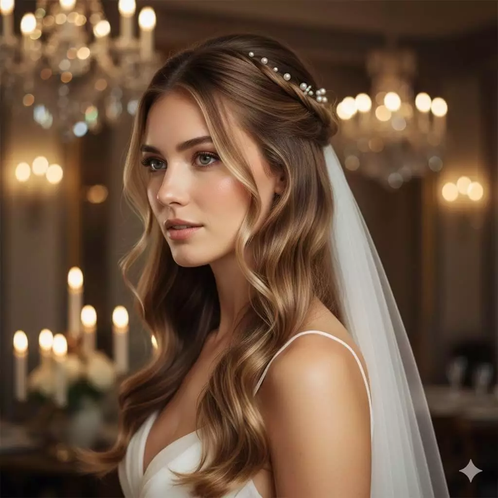Alt: Close-up of half-up hairstyle with pearl and ribbon accents, soft curls, vertical mobile-friendly layout