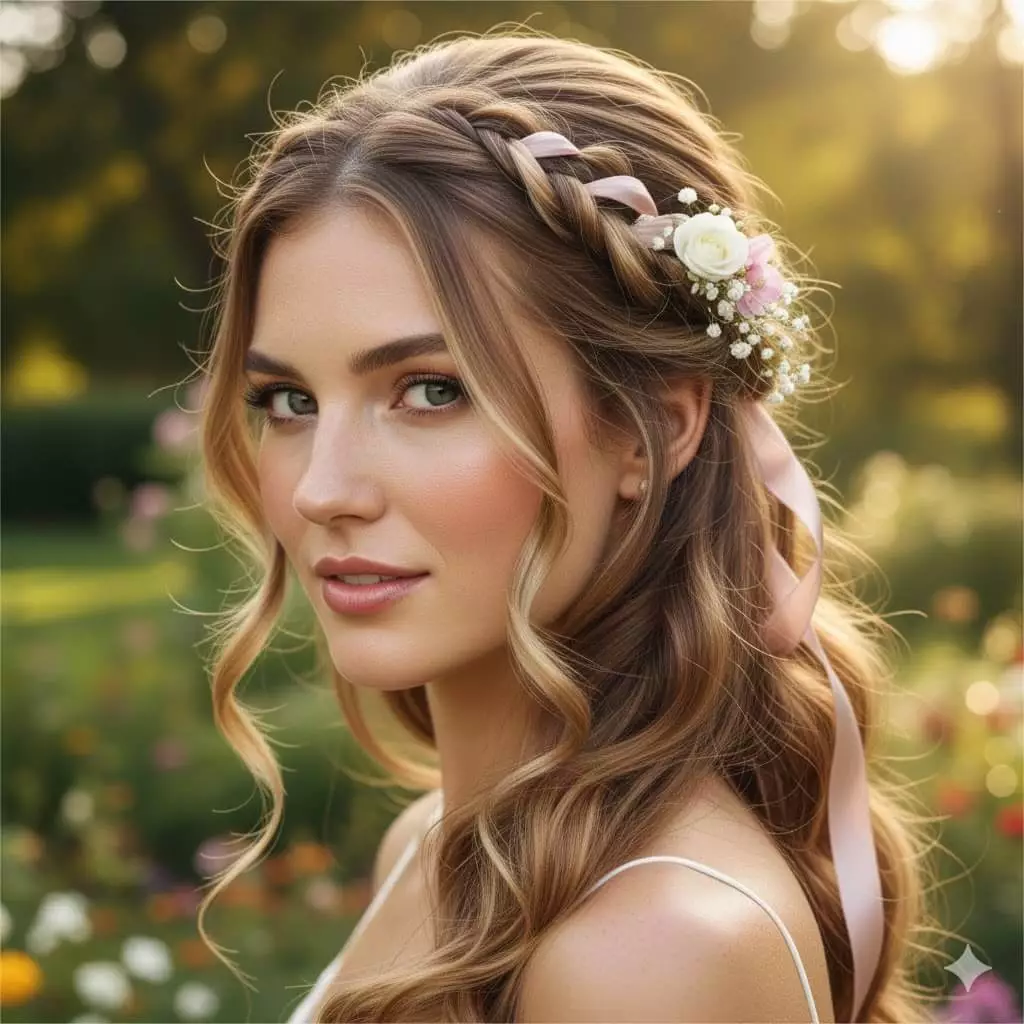 long hair wedding half up — braided crown detail with pearl accents and satin ribbon, soft wavy length, romantic bridal style
