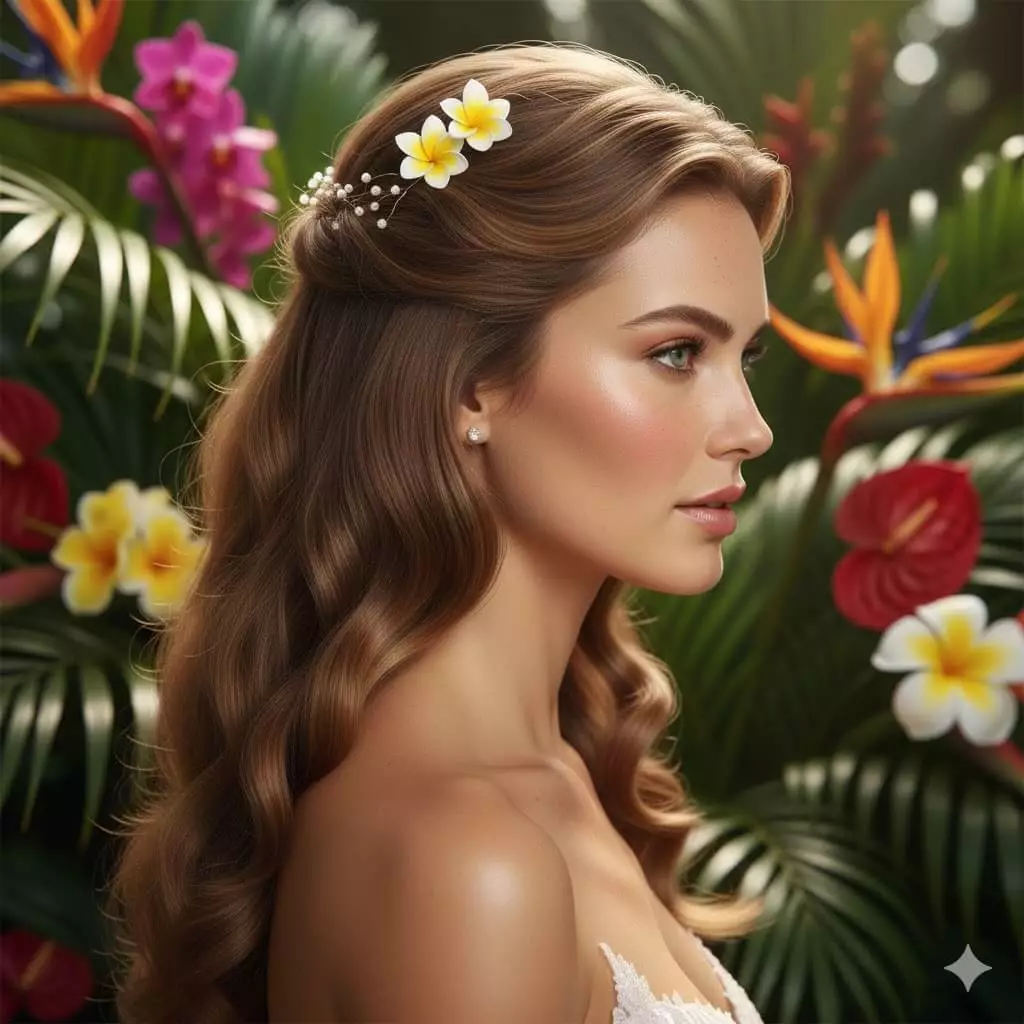 Bride with textured half-up humidity-proof long hair 2026, side view, subtle floral accessories, vertical crop