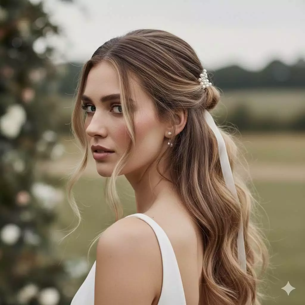 Bride with half-up half-down long hair, soft waves cascading down, adorned with pearl pins and ribbon, romantic outdoor setting