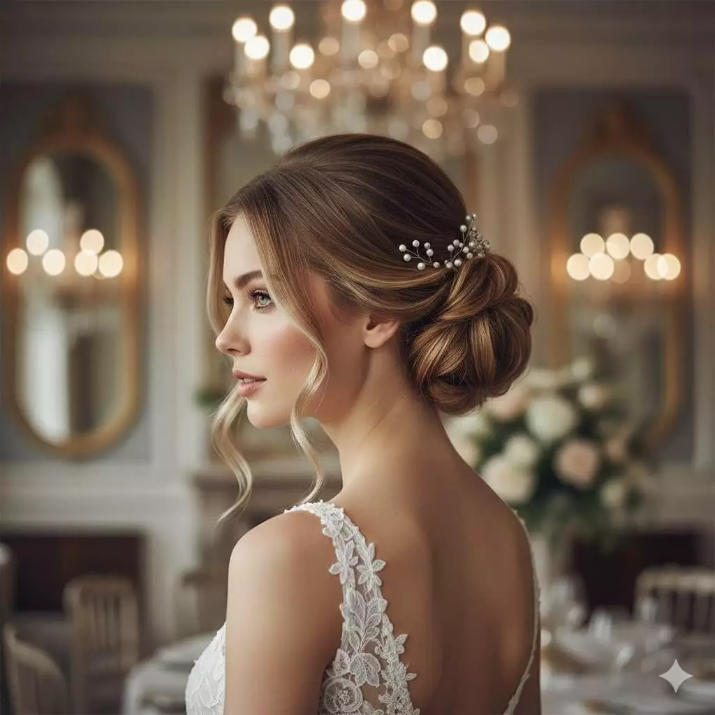 Bride with low romantic chignon, soft tendrils framing face, pearl hairpins, elegant indoor wedding