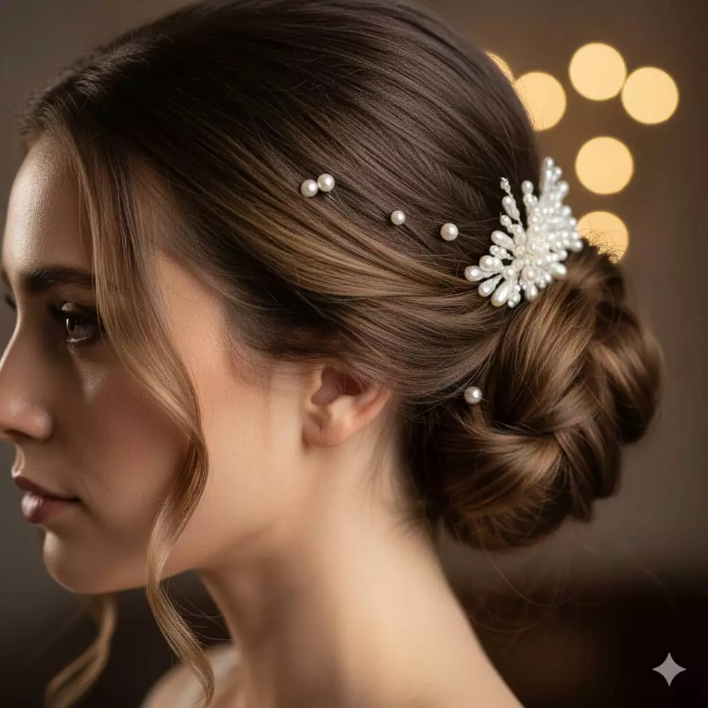 Pearl hair accessories for wedding updo 2026, delicate pins and combs on bride with long hair, close-up detail