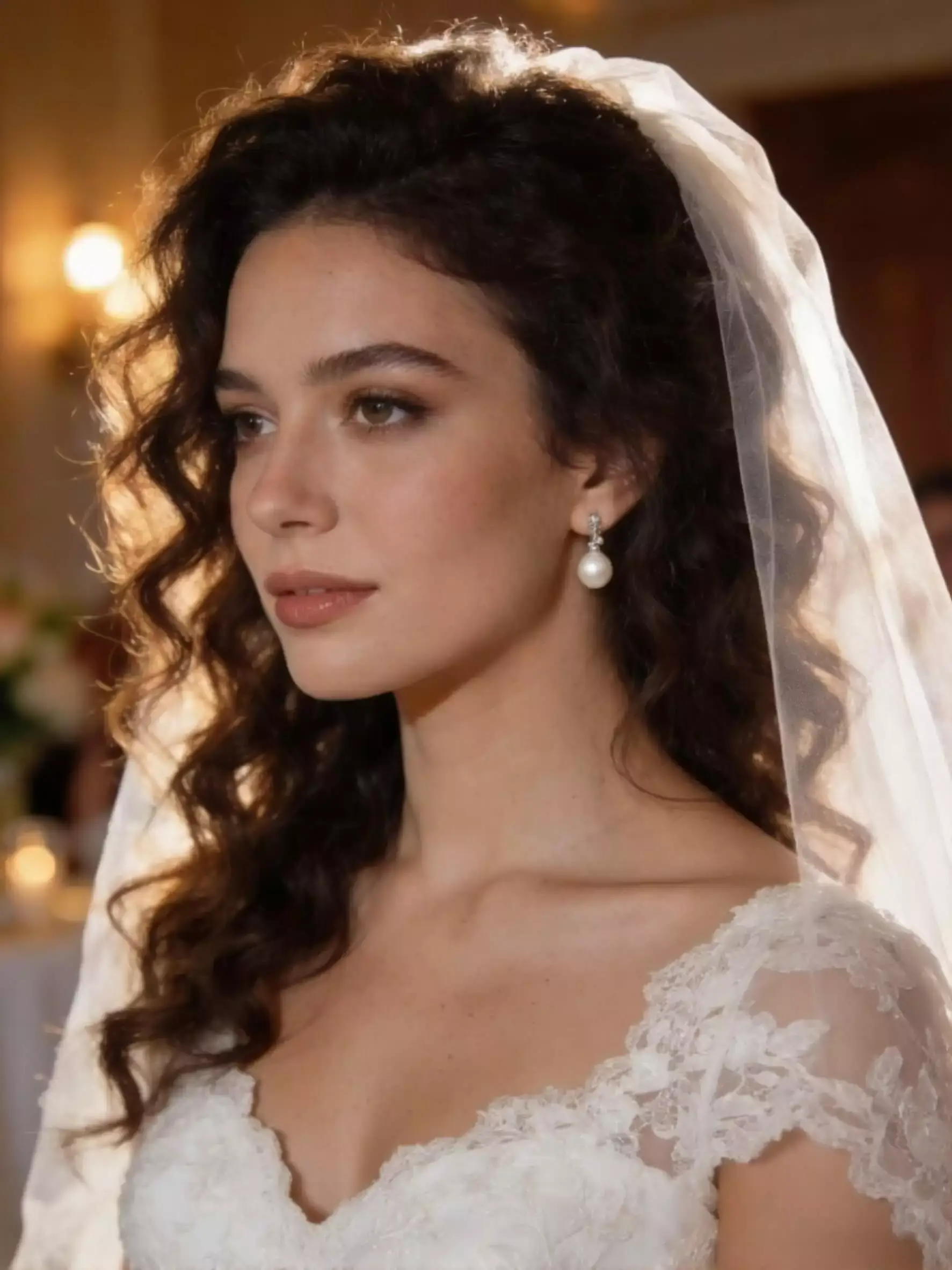 Alt: Close-up of bouncy blowout waves with natural movement, light veil, indoor wedding lighting, vertical mobile crop