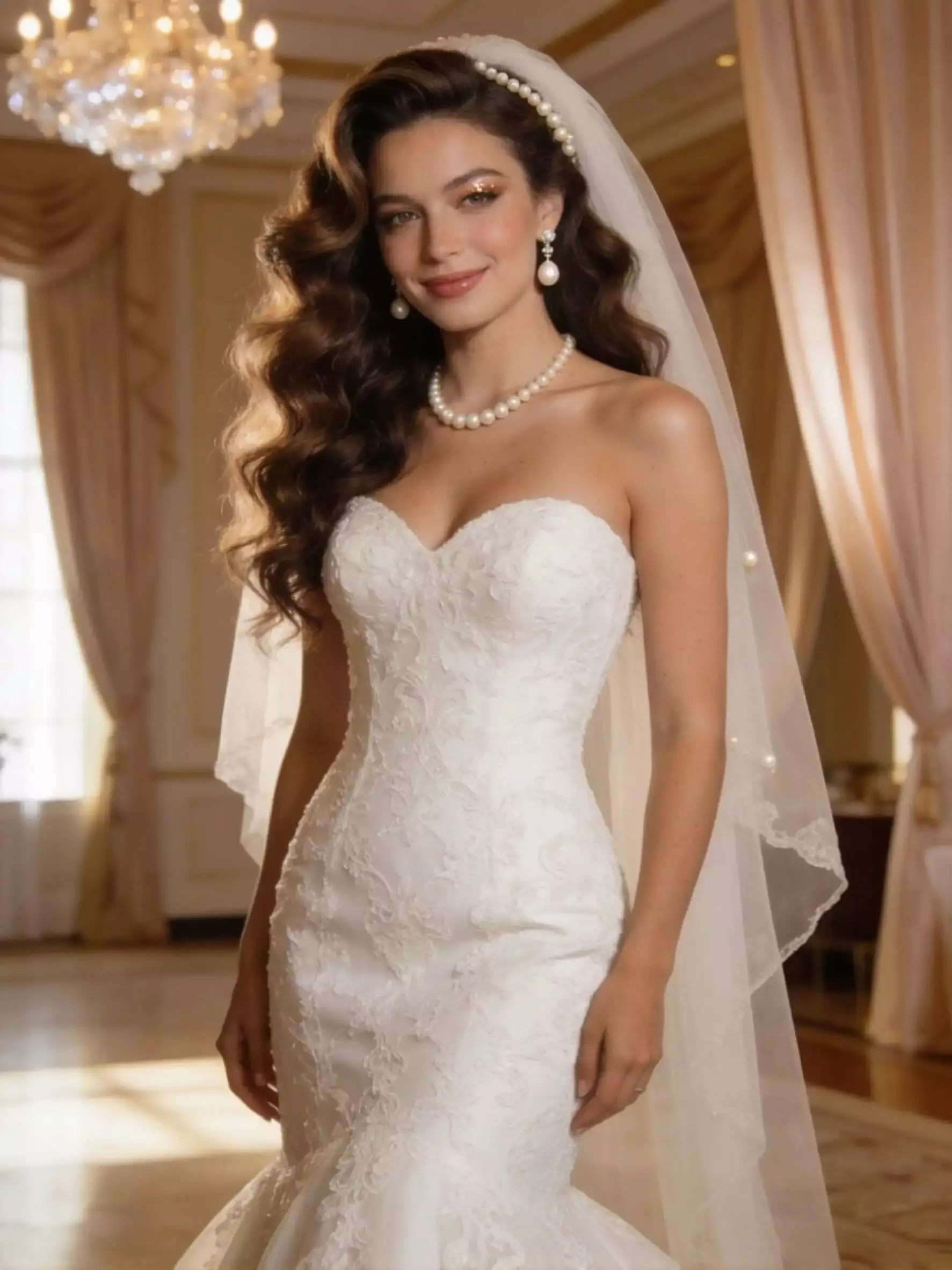 Bride with long soft mermaid waves, half-up top section, adorned with fresh floral accents, romantic outdoor light