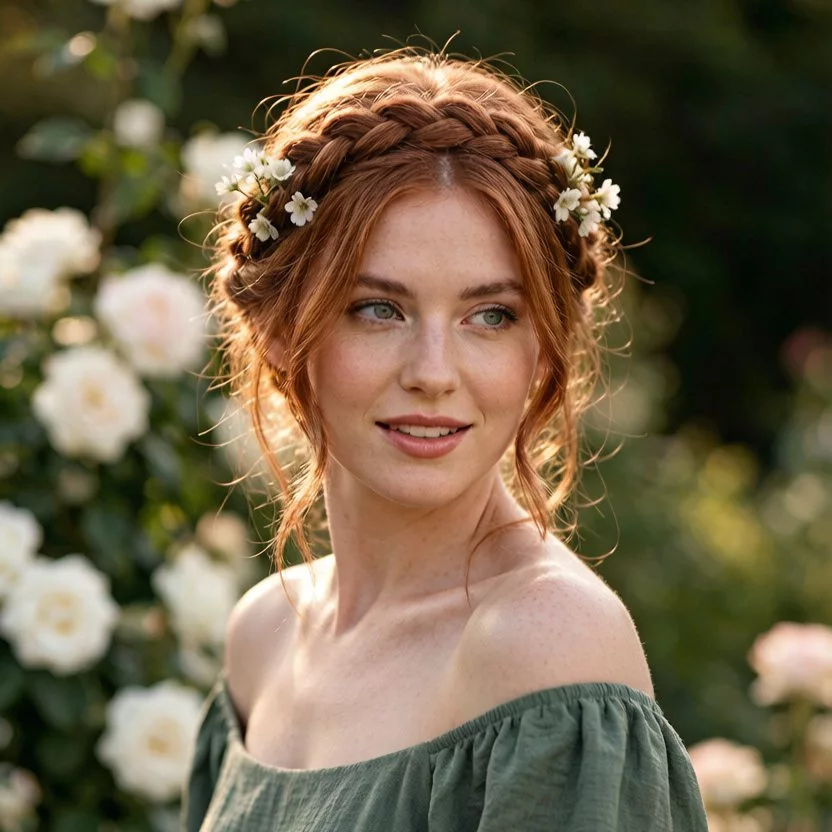 Elegant wedding guest with soft low updo hairstyle for long hair
