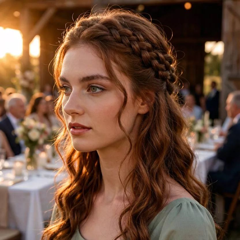 Half-up braided wedding guest hairstyle with long waves