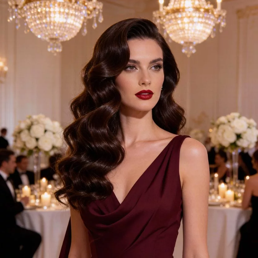 Hollywood waves long hair wedding guest style