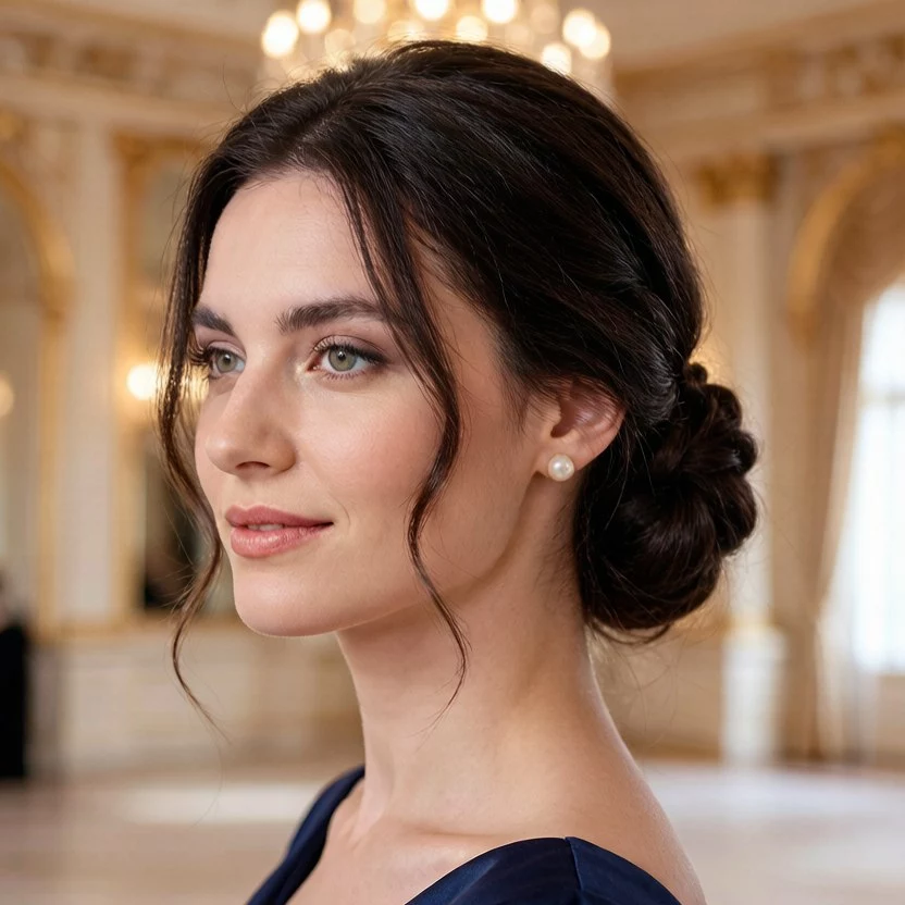 Elegant wedding guest with soft low chignon updo