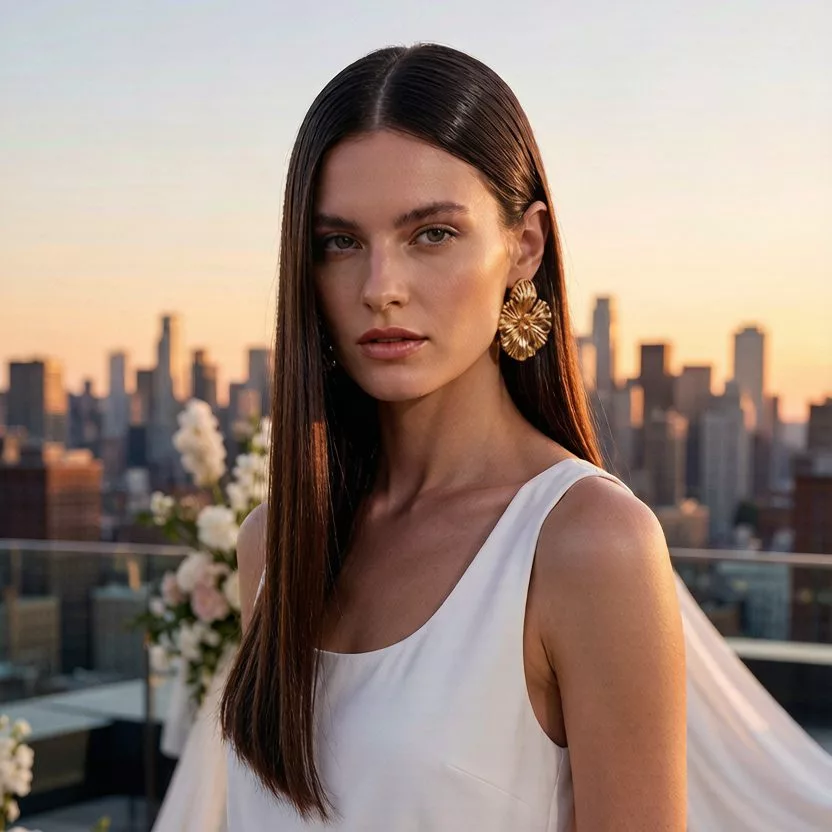 Sleek straight long hair with deep side part wedding guest