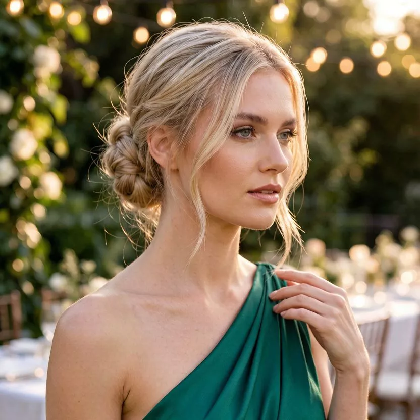Romantic twisted low bun wedding guest hairstyle