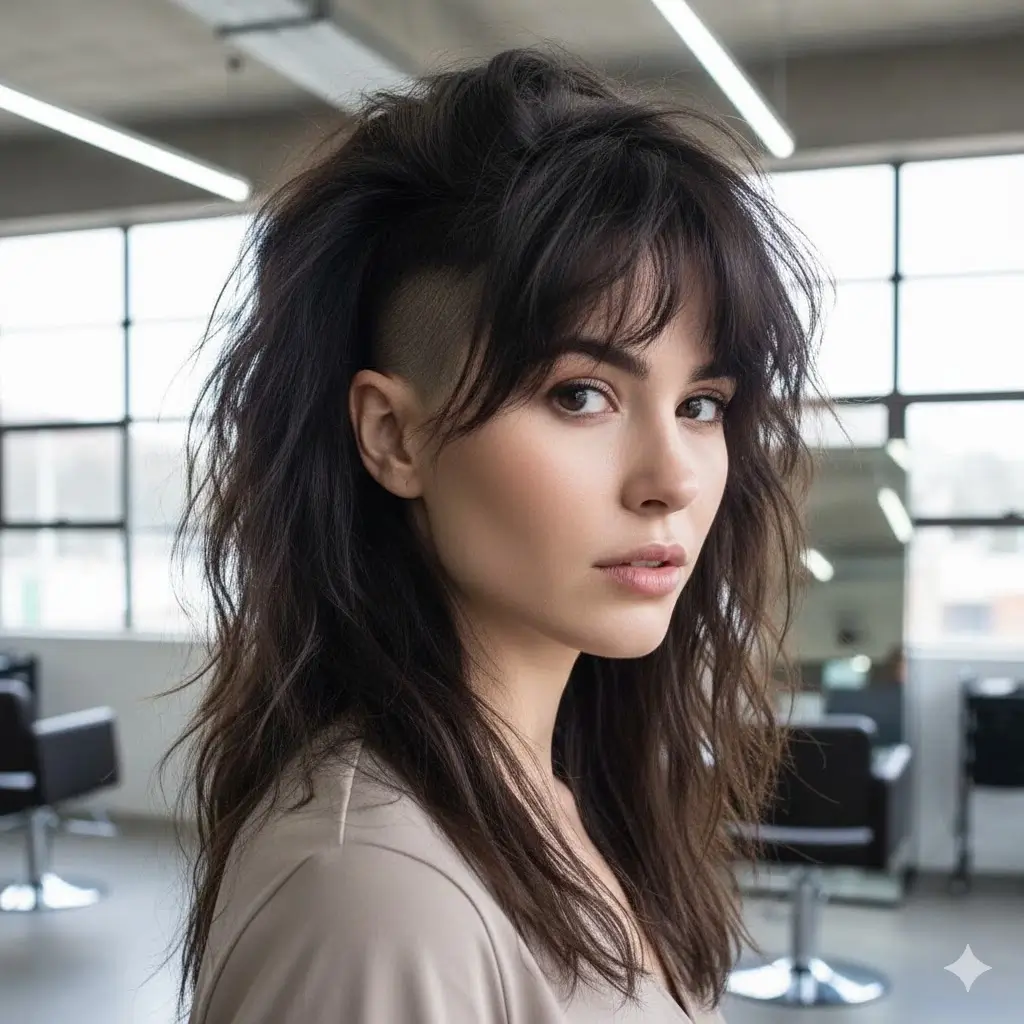 long hair wolf haircut — messy layered wolf cut with airy crown lift, wispy bangs, edgy undercut detail