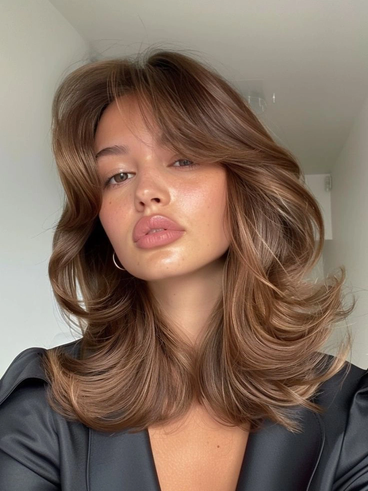 Long hair butterfly hairstyle — soft face-framing layers and voluminous caramel brown waves, glossy and effortless style